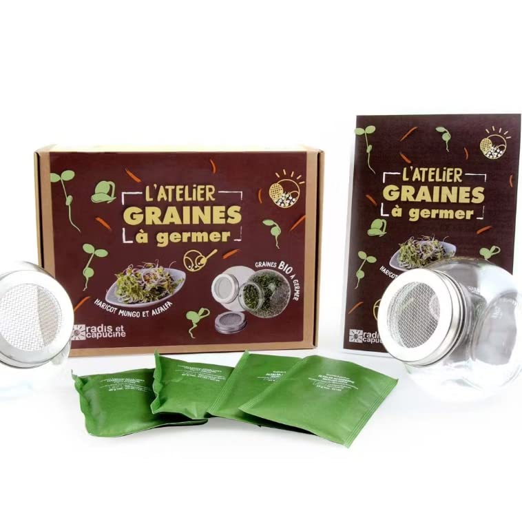 Radis Et Capucine Graines à germer 2 pousses en verre et 2 sachets de graines biologiques Agriculture biologique Made in France