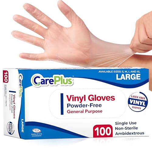 CARE PLUS Vinyl Gloves Clear Large, Disposable Latex Free, 100 Count |…