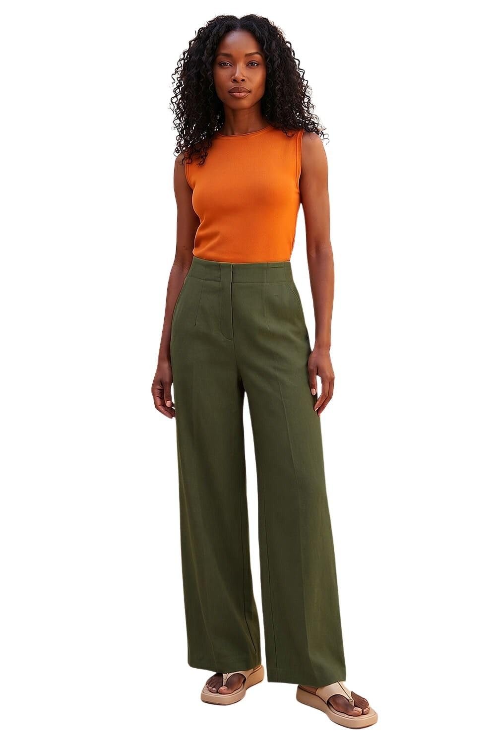 Roman Women's Khaki Smart Twill Wide Leg Pocket Trouser In Size 16