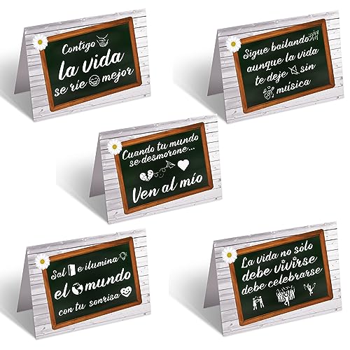 Tarjetas de felicitación y amistad con frases bonitas. Pack de 5 unidades variadas en español (castellano).