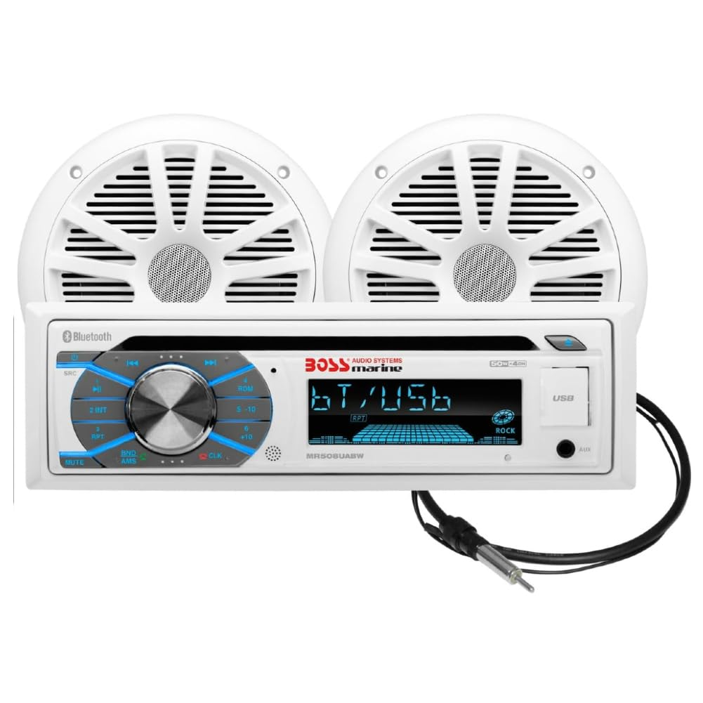 KIT SET PER BOSS AUDIO SYSTEMS MCK508WB.6, 1 kit marino con ricevitore AM/FM bluetooth waterproof, 2 altoparlanti da 16,5 cm 6,5" 90 watt rms 180 watt max e 1 dipole antenna, 1 kit