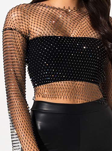 Women's Mesh Tank Tops Fishnet See Through Halter Hollow Out Rhinestone Cover Up Crop Top Shirts For Festivals Raves Clubwear Black #TOP3