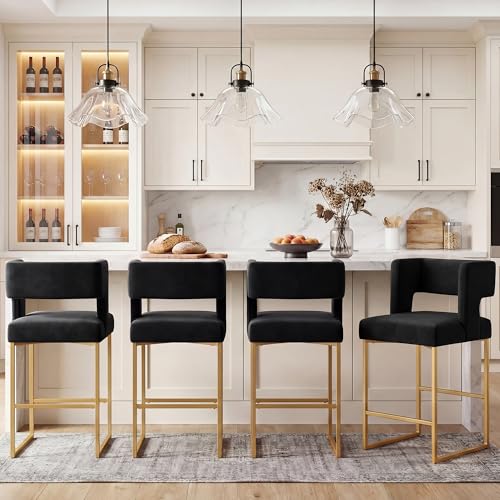 Image of Counter Height Bar Stools Set of 4, Black Velvet Bar Chair Gold Leg