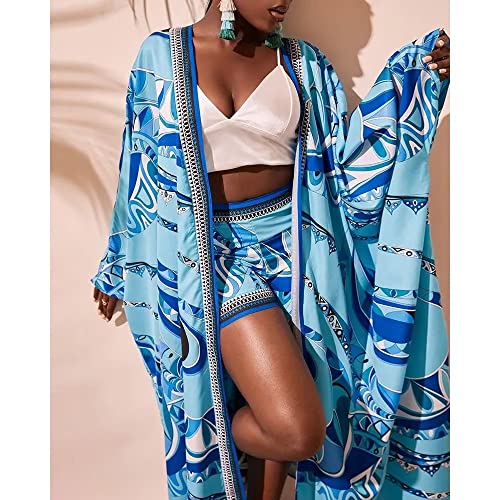 Womens 2 Piece Outfits Floral Print Long Cardigan Cover and Shorts Set2