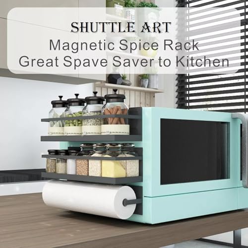 Image of SHUTTLE ART Magnetic Spice Rack & Kitchen Organizer Maximize Space,Fridge, Washing Machine Storage Magnetic Shelf Organizer for Spices, Utensils Single Tier Spice Storage Multipurpose stand(BLACK)