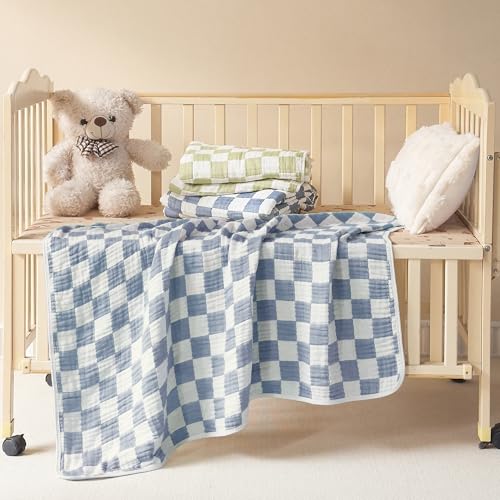 Image of Ultra Soft Cozy 100% Cotton 6-Layer Muslin Baby Blanket 41 inchx41 inch Breathable Lightweight Checkered Swaddle Blankets for Baby Boys Essentials Birthday Gifts All Seasons Both Sides (Blue)