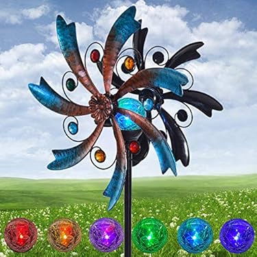 AMAZON - ALLADINBOX 57 Inch Solar Wind Spinner Blue Metal Garden Decor with Multi Color Changing LED Solar Powered Glass Ball Wind Sculpture Spinner Windmills for Yard Patio Outdoor Decoration