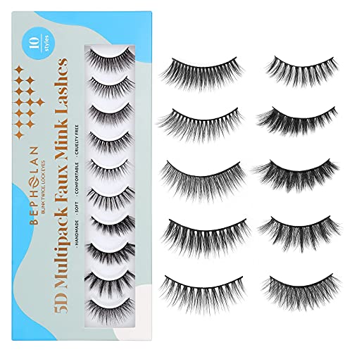 BEPHOLAN Fake Eyelashes,10 Styles Mix 10 Pairs False Eyelashe Natural Look,100% Handmade 5D False Eyelashes,Fluffy Reusable Soft Full Eye Lash 1 Pack (10 Pairs)