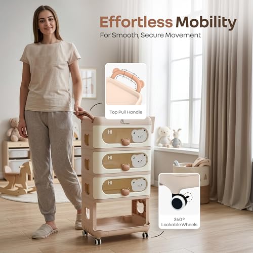 Image of R for Rabbit Kiddo Korner Bear Baby Organiser with Drawers & Wheels | Kids Toy & Clothes Storage with Open Shelf & Side Basket | Easy Plug N Play Installation with Lockable 360 Wheels (Brown Cream)