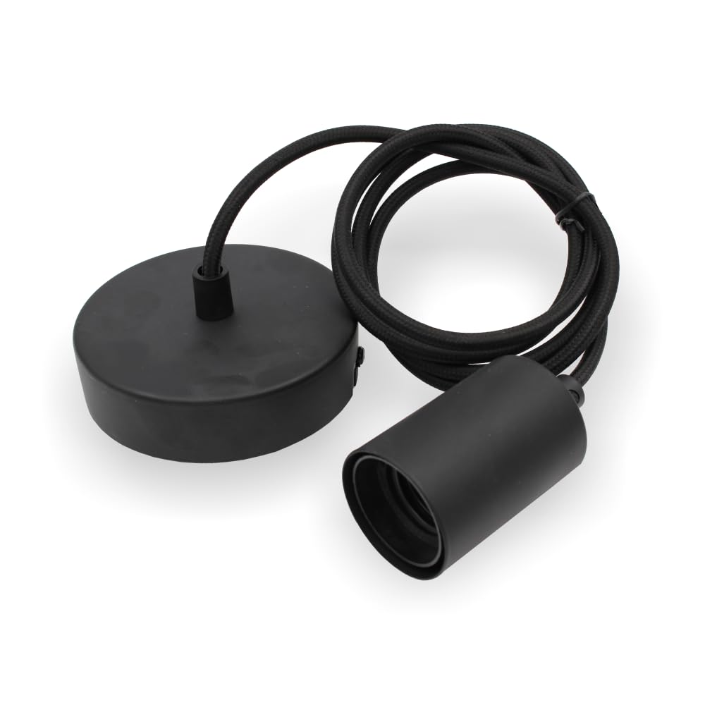 Schnurpendel, Pendelleuchte mit Textilkabel, Metall Baldachin und E27 Fassung | Weiß | Kabellänge 2000mm (Schwarz)