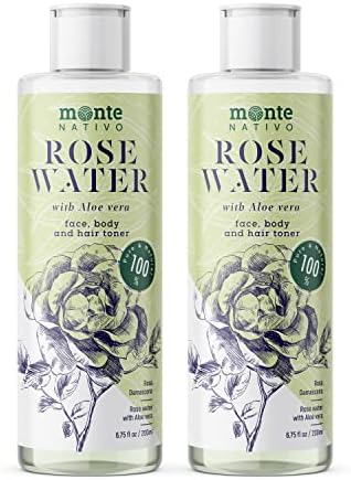 Rose Water with Aloe Vera face moisturizer for Women for All Skin Types Monte Nativo 2x6.75oz (13.5oz) - Rosewater Toner for Face & Hair That Hydrates, Rejuvenates & Clarifies
