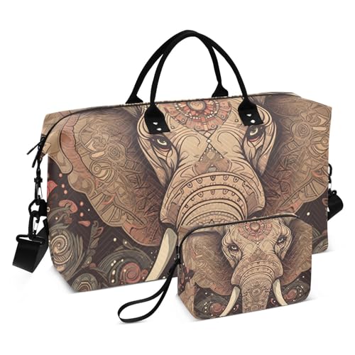 Large Travel Duffel Bag, Boho Epephant Head Sports Tote Gym Bag, Shoulder Weekender Overnight Bag for Women Men, Carry On Luggage with Toiletry Bags