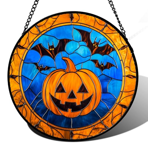 Image of Stained Glass Window Hanging - Halloween Evil Pumpkin Suncatcher for Doors Window Garden Indoor Spooky Brown Bat Sun Catchers Gothic Decor Horror Gifts for Women Men Friend Boy Girl 15 in