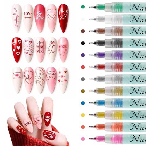 Image of 12 Color Nail Art Pens Set, 0.5 MM Nail Polish Pens Dotting Drawing Painting Point Liner Painted Pen Kit, Waterproof and Quick-drying Nail for DIY Nails Art Design Manicure Tools