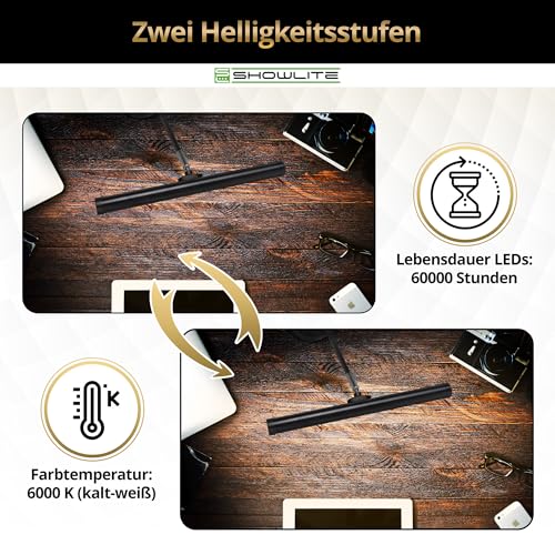 Showlite PL-1-BK-KW LED Klavierleuchte - Klavierlampe mit 15 LEDs - kaltweißes Licht in 2 Stufen - 36 cm Höhe - Betrieb per USB, Netzstrom oder Batterie - schwarz