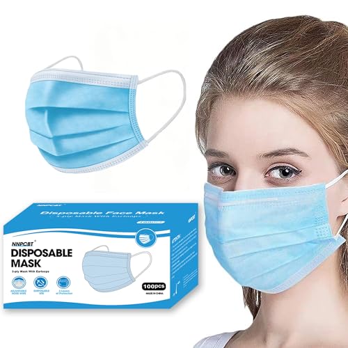 NNPCBT Blue Disposable Face Masks 100 Pack,3-Ply Breathable Mask For Adults,Great For Outdoors,Home, Office, School