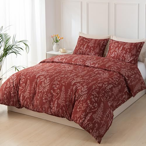 Image of Lekesky Floral Duvet Cover King Size, Deep Red Duvet Cover King Plant Flowers Pattern Bedding Set for All Season, Soft Breathable Duvet Cover with Zipper Closure & Corner Ties