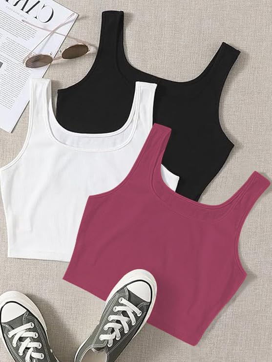 Image of Toochki Women's Knitted Sleeveless Solid Sqaure Neck Ribbed Tank & Crop Tops (Pack of 3)