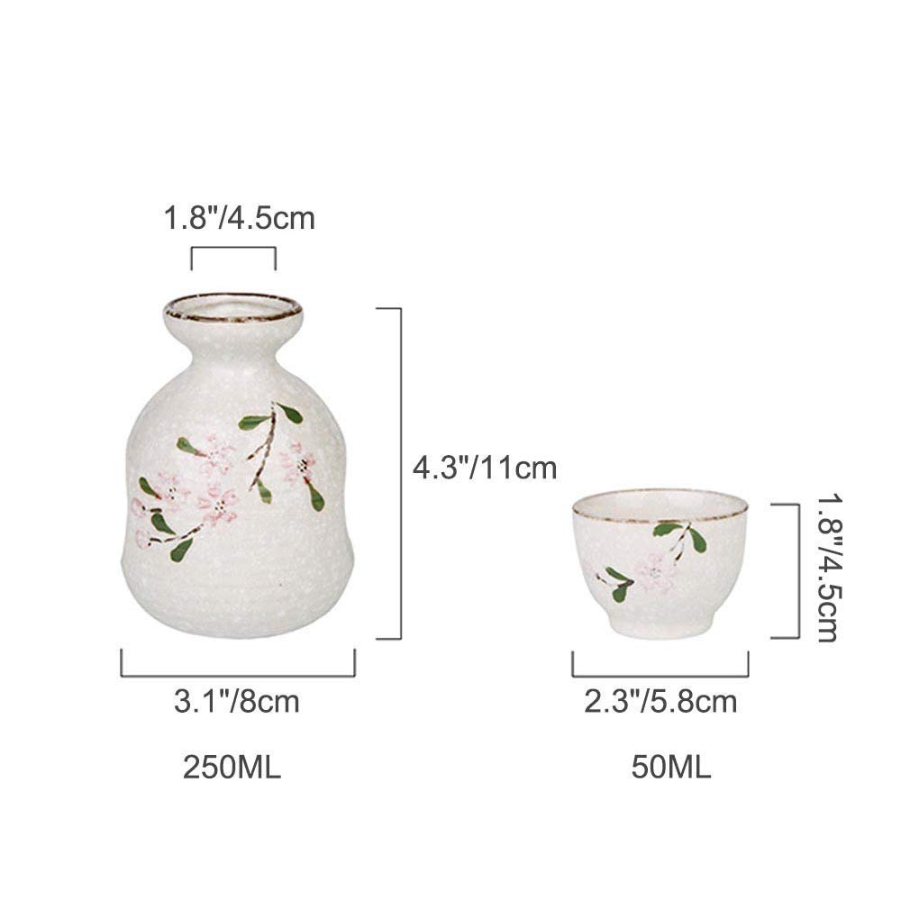 Juego de Sake japonés de 3 Piezas, Juego de Tazas de Sake de Sakura Pintado a Mano, Esmalte de Copo de Nieve de cerámica, para frío/Calor/Shochu/té Familiares y