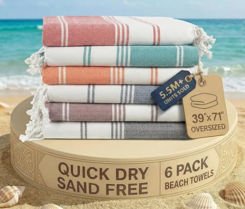 LANE LINEN 6-Pack Oversized Pre-Washed Beach Towels, Stylish Quick-Dry Pool & Travel Towels for Adults, 39