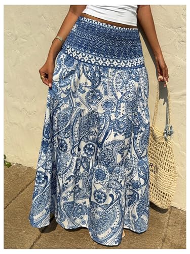 Milumia Women's Paisley Print Flowy Maxi Skirts Boho Shirred Long Skirts Beach Vacation4