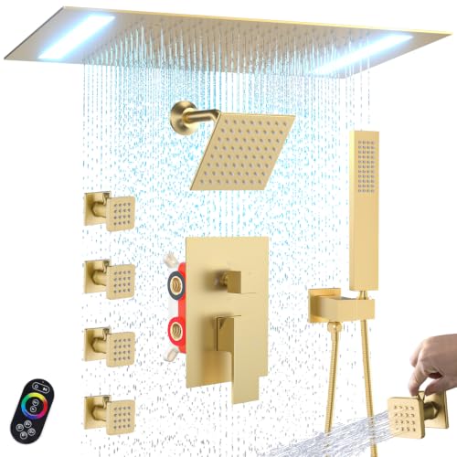 Sistema de ducha LED dual ENGA, ducha de lluvia grande de 14" x 20" + ducha de pared de 6", 4 chorros corporales con encendido/apagado individual y presión ajustable del agua, juego de grifería de ducha de lluvia, dorado cepillado miniatura 1