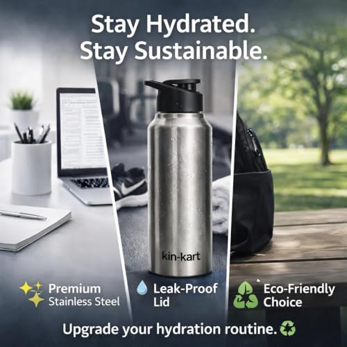 Image of Kin-Kart Water Bottles 1000 ml Stainless Steel Water Bottle 1 Litre | Eco friendly Steel BPA Free Leakproof Water Bottles for School, Office, Home, Gym (Asian, SILVER)