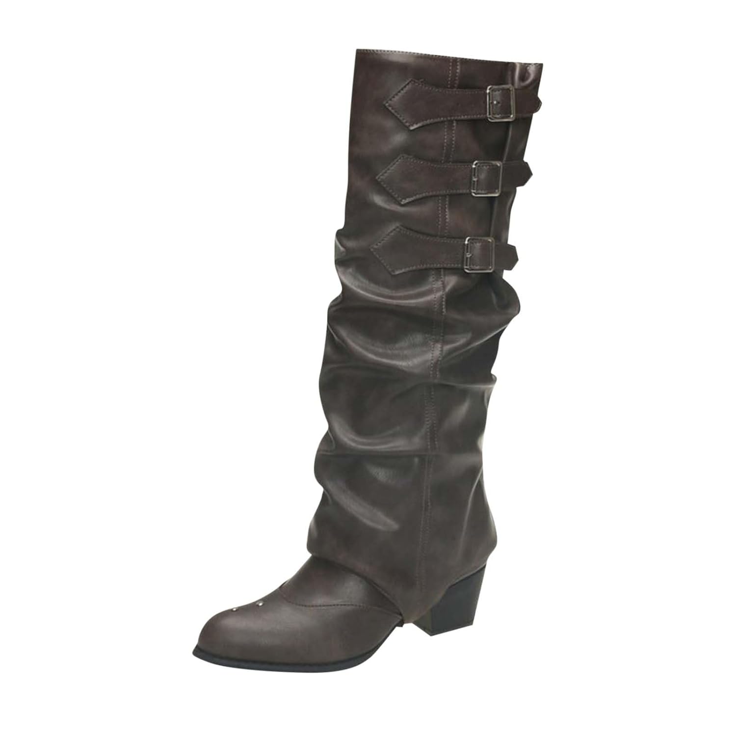 Knee High Boots for Women Fold Over Wide Calf Pull On Boots Goth Rave Buckle Strap Mid Heel
