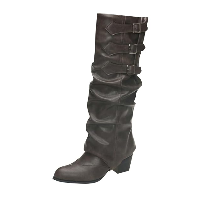 Knee High Boots for Women Fold Over Wide Calf Pull On Boots Goth Rave Buckle Strap Mid Heel