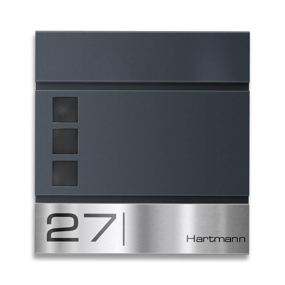 Metzler Boîte aux Lettres Anthracite RAL 7016 en Acier avec fenêtre – Plaque Nominative en INOX gravée au Laser – avec Compartiment à journaux – Boîte Postale avec hublot – Modèle Oltmann