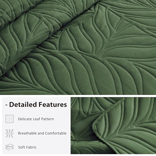EXQ Home Quilt Set King Size Olive Green 3 Piece,Lightweight Soft Coverlet Modern Style Leaf Pattern Bedspread Set(1 Quilt,2 Pillow Shams)