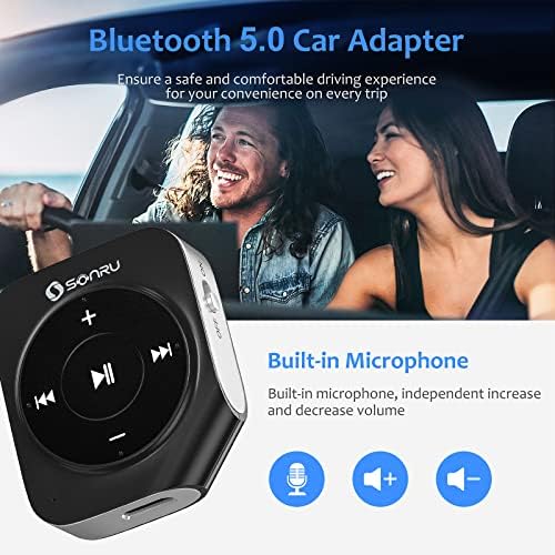 SONRU Aux Bluetooth Receiver, Car Bluetooth Aux Adapter Noise Cancellation Bluetooth 5.0 Receiver for Home Stereo, Hands-Free Calls, Wired Headphones or Speaker, 16-Hour Battery Life, Dual Link