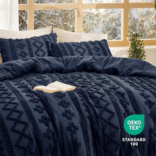 Bedsure Tufted Boho Comforter Set Queen Size - Navy Boho Bed Set, GentleSoft™ 3 Pieces Farmhouse Shabby Chic Embroidery Bedding, Gifts for Woman, Soft Jacquard Queen Comforter for All Seasons