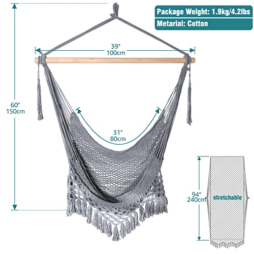 Chihee Hammock Chair Super Large Hanging Chair Soft-Spun Cotton Rope Weaving Chair, Hardwood Spreader Bar Wide Seat Lace Swing Chair Indoor Outdoor Garden Yard Theme Decoration #TOP2