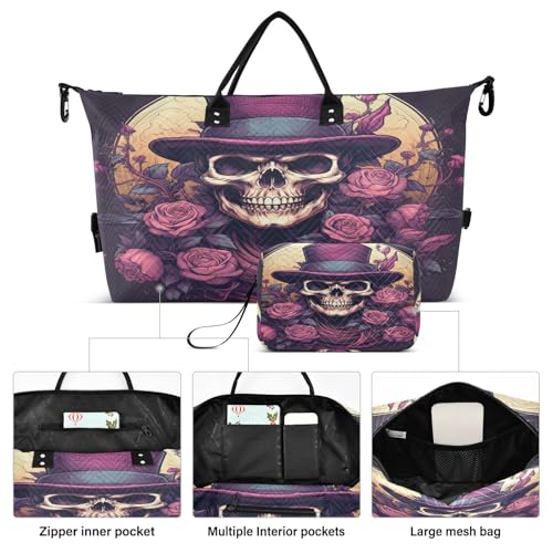 Skull Pattern Purple Rose Travel Duffel Bags Gym Bag Weekender Handbag with Toiletry Bag for Women Girls Men2