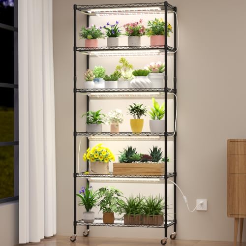 Image of Plant Stand with Grow Light, 6-Tier DIY Plant Shelf with Grow Lights for Seedlings, Greenhouse, Indoor, 8 Pack 5000K 192W LED Full Spectrum Growing Lamp with Rack, Wheel, 29 inchx13.5 inchx73.5 inch