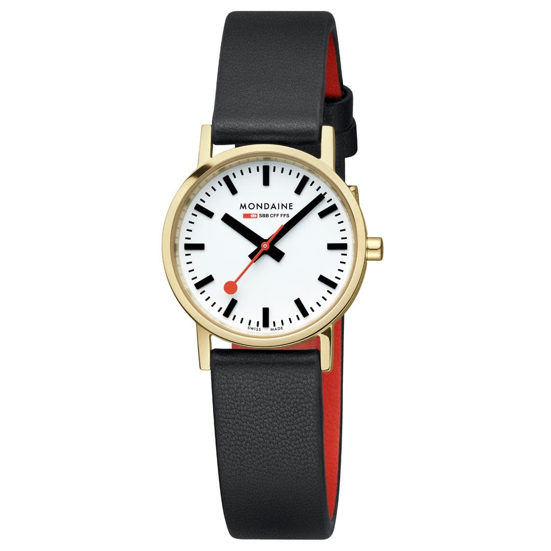 Mondaine Classic Armbanduhr Damen, 30mm, IP 1N14 vergoldet, schwarzes veganes Lederarmband, Schweizer Quarzwerk, Saphirglas, wasserdicht 5 ATM, Elegantes Design