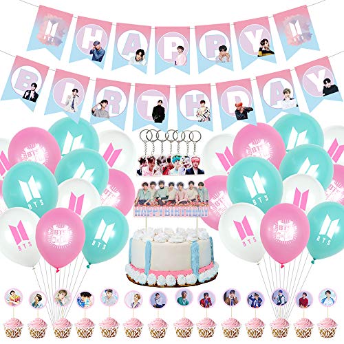 BTS Birthday Party Supplies, 61 Pcs Birthday Decorations Include BTS Happy Birthday Banner, Cake Toppers, Balloons, BTS Keychains for Bangtan Boys Fans