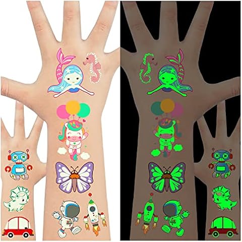 Acevegue Kids' Party Favours, 20 Sheets Luminous Temporary Tattoos Stickers, Party Bag Fillers for Kids Unisex, Gifts Toys for Boys Girls Glow Party Supplies Birthday Decorations Games Prizes Cover