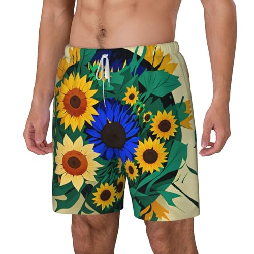 Sunflower Pattern Print Men's Double Layer Swim Trunks,Athletic Beach Shorts,Adjustable Drawstring Waist2