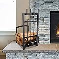 Lavish Home 5-Piece Fireplace Tool Set and Log Rack - Mission-Style Firewood Holder with Shovel, Broom, Tongs, and Poker for Hearth (Matte Black)
