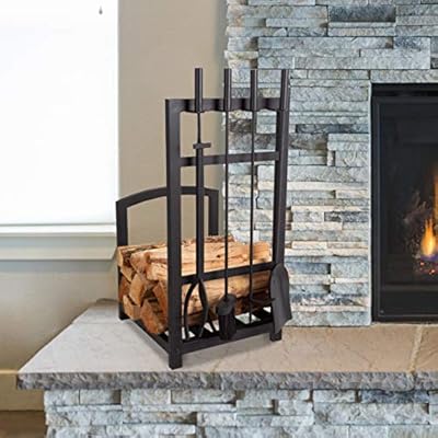 Lavish Home 5-Piece Fireplace Tool Set and Log Rack - Mission-Style Firewood Holder with Shovel, Broom, Tongs, and Poker for Hearth (Matte Black)