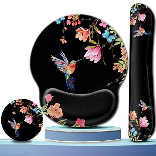Ergonomic Mouse Pad with Gel Wrist Rest Support, Gaming Mouse Pad with Cloth,for Wireless Computer, Home, Office, Memory Foam Keyboard Wrist Rest Support, Hummingbird Watercolor Flower