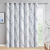 FMFUNCTEX 100% Blackout Patio Sliding Glass Door Curtains 84 Inch Long for Bedroom, Blue Grey on White Tree Branch Patterned Drapes for Living Room Divider, Extra Wide Thermal Insulated Panels