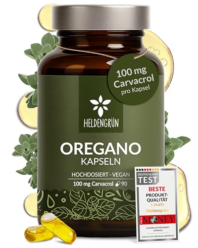 Heldengrün® Oregano Öl Kapseln [HOCHDOSIERT] 100 mg Carvacrol pro Kapsel - Bio Oreganoöl mit +82% Carvacrol aus Griechenland - magensaftresistent, laborgeprüft & vegan - 90 Stück