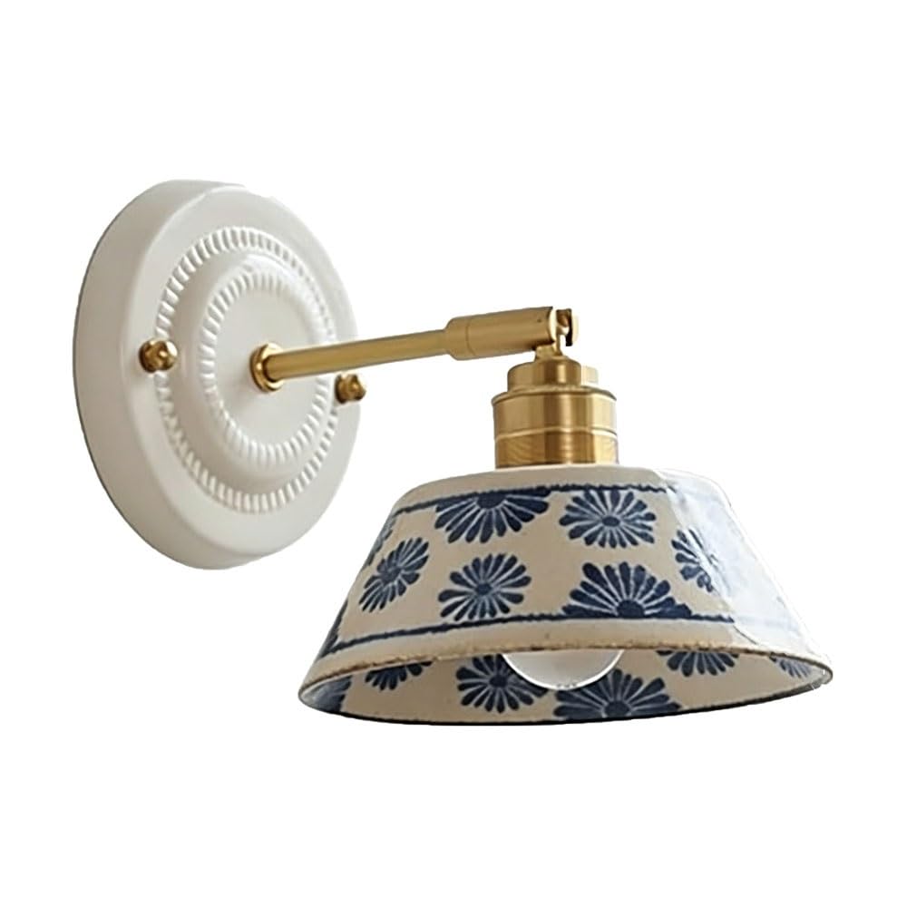 FEITENGDA Modern Nordic Ceramic Shade Wall Sconce Floral Pattern Flared Cone Shade Wall Lamp Vintage Accent Wall Mount Light Fixture for Bedroom Living Room Study Hallway