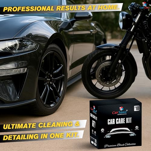 Image of CAR SAAZ Car Care Kit (Pack of 10 Pcs) | Includes: All in One Polish, Dashboard Polish, Upholstery Cleaner, Shampoo, Tyre Shiner (200ml Each), 5 Applicators & Cloth | Car Polish Kit | Clean & Protects