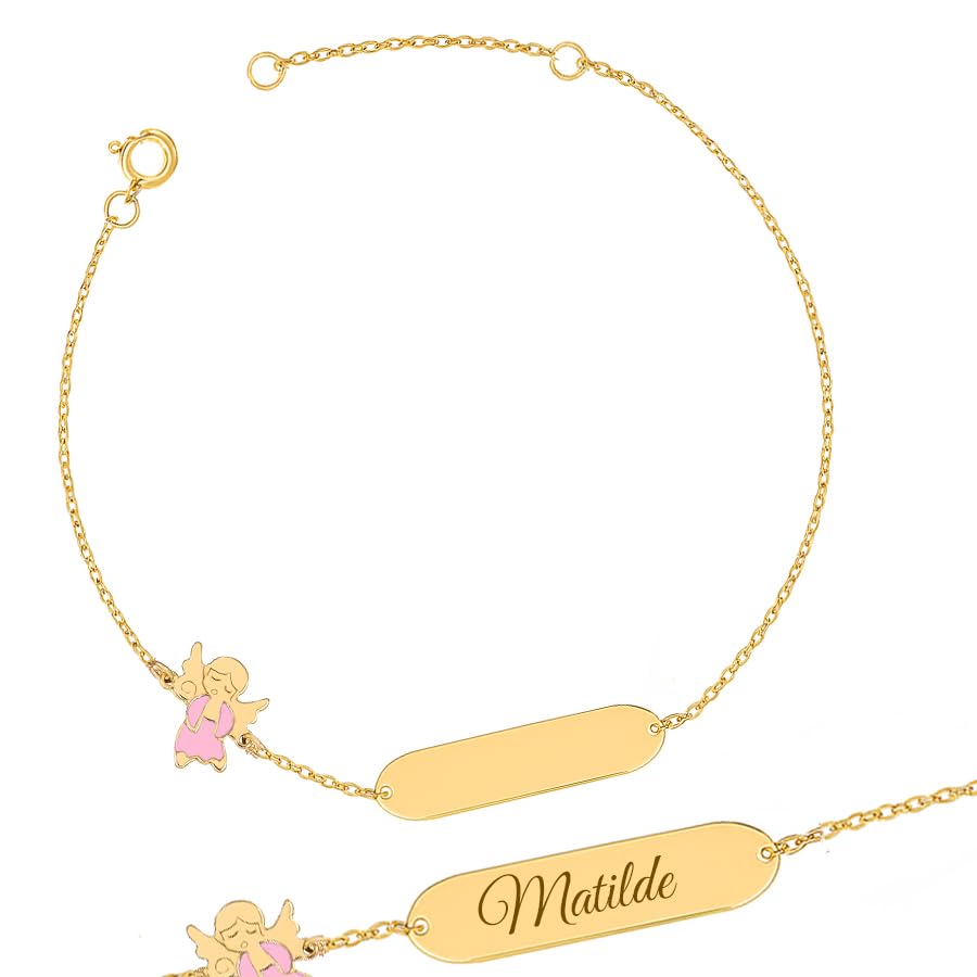 Pulsera de oro de 9 quilates infantil con ángel rosa azul y placa grabable niños