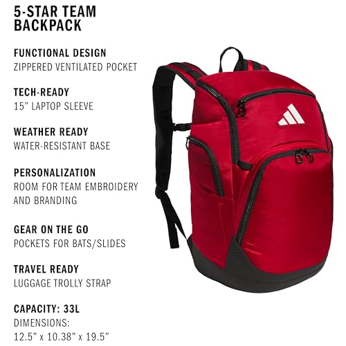 Image of adidas 5-Star Team 2 Backpack | Multi-Sport, Padded Laptop Sleeve, Organizer Pockets, Water-Bottle Pockets, Durable Build, School Gym & Travel Ready