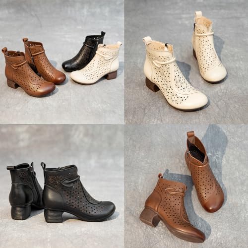 MOYOWEI Women's Leather Cutout Casual Dress Ankle Boots,Summer Comfort Chunky Block Stacked Heel Softsole Zip Short Booties3